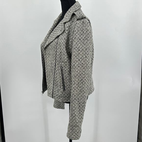 Herringbone Wool Tweed Moto Jacket Warm Textured Black White Women’s M Tall - Picture 4 of 9